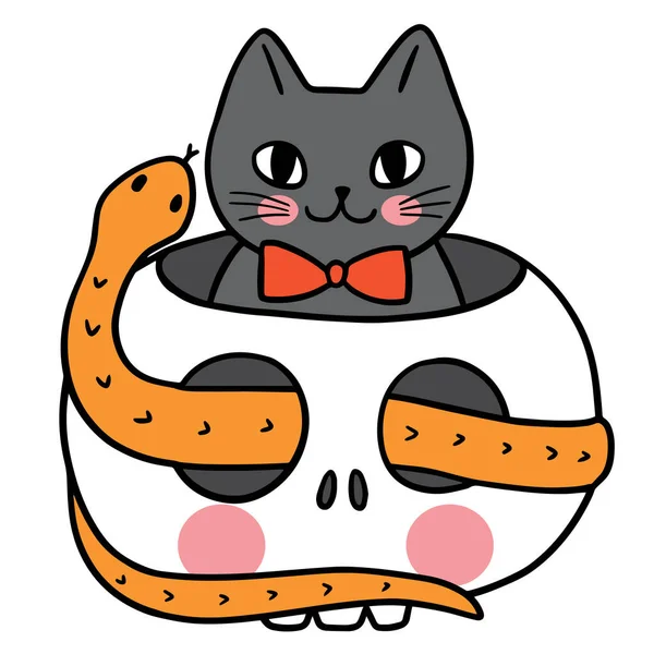 Gatto Nero Halloween Carino Personaggio Dei Cartoni Animati Vettore — Vettoriale Stock