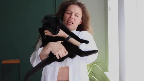 若いブルネットの女性は黒い猫を保持し 積極的なペットは所有者を攻撃し 傷を負い 自宅で彼女の手をかむ 再生後の損傷した皮膚 動物の悪い行動 狂犬病予防接種の概念 — ストック動画