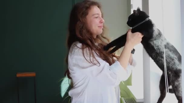 Beautiful Caucasian Girl Kissing Pick Black Cat Playing Looking Window — Videoclip de stoc