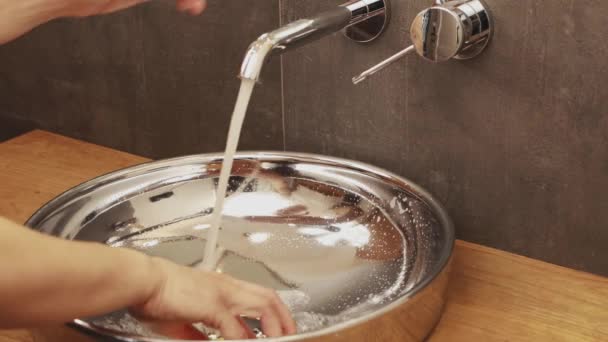 Womans Hands Green Sponge Cleaning Stainless Steel Bathroom Basin Sink — Stock Video