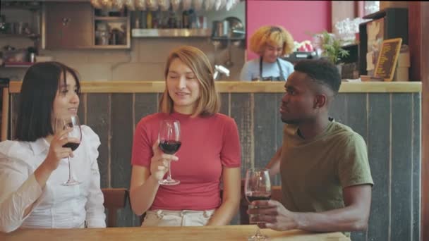 Teman Multietnis Merayakan Dan Bersorak Dengan Anggur Kafe Restoran — Stok Video