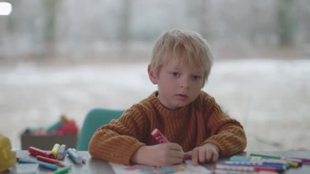 Criança Loira Colorir Uma Folha Dia Inverno Nevado — Vídeo de Stock
