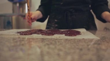 Şef kadın çikolata üreticisi atölyesinde çalışıyor.