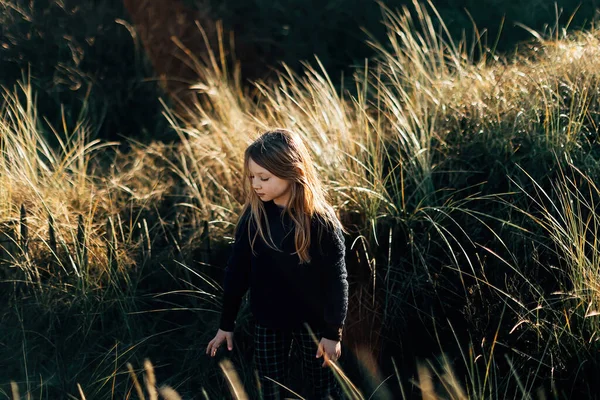 Niña Naturaleza Hora Oro Hierba Campo Arbustos Tranquilo Tranquilo Atardecer — Foto de Stock