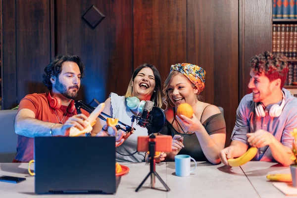 Group Young Influencer People Having Fun Playing Fruit While Vlogging — Fotografie, imagine de stoc