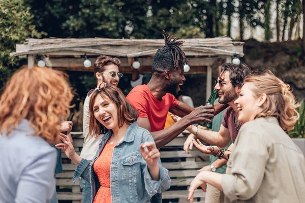 Multiethnic Young People Interacting Talking Dancing Joy Summer Outdoor Evening — Stock Fotó