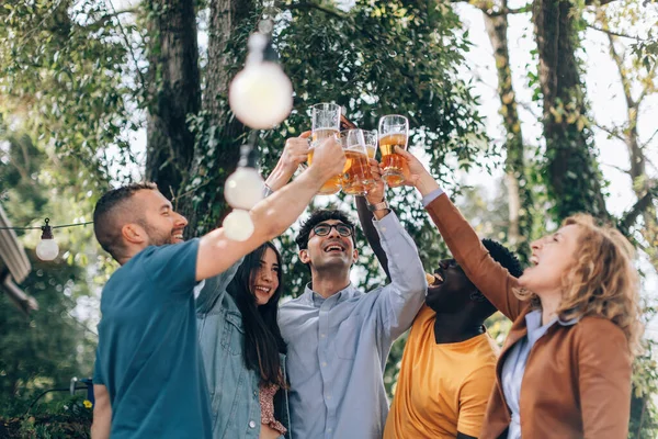 Happy Young Friends Toasting Beer Together Cheerful People Clinking Glasses — Fotografie, imagine de stoc