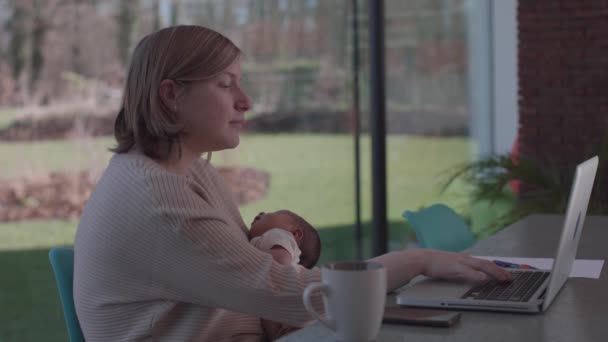 Niezależna Mama Pracuje Laptopie Trzyma Noworodka — Wideo stockowe