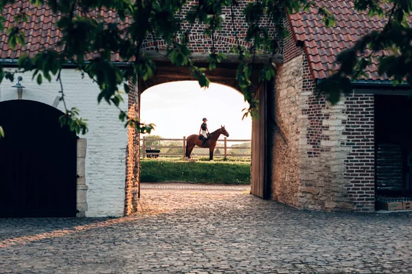 Glimpse Typical Medieval European Farm Building Rider Horseback Background — Stock Photo, Image