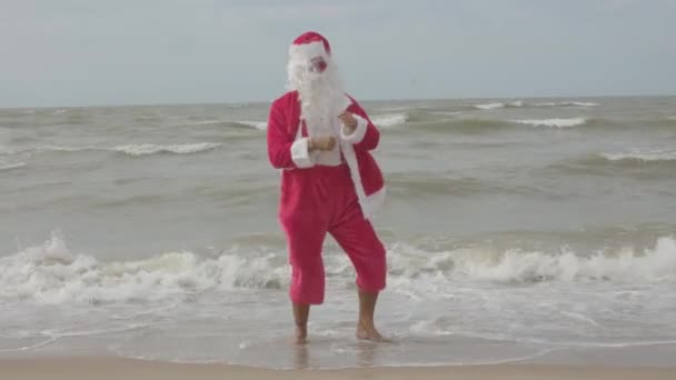 Glücklich Weihnachtsmann Urlaub Tanzen Meer Ozeanwasser Noel Reise Pause Winterurlaub — Stockvideo