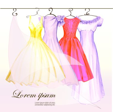 4 dresses on the hanger in pastel colors painted in watercolor