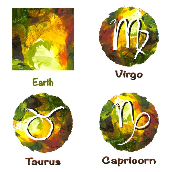 Zodiac signs of the on a colorful background in accordance with the four elements. Background - oil paints. — Stock Vector