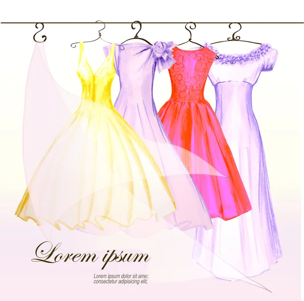 4 dresses on the hanger in pastel colors painted in watercolor — Stock Vector