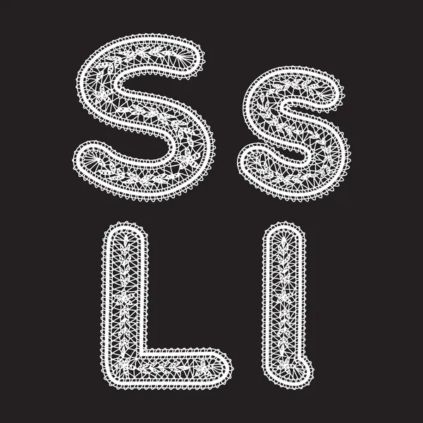 Big and lowercase letters s and f are written in white lace. Lace font for the inscriptions. — Stock Vector