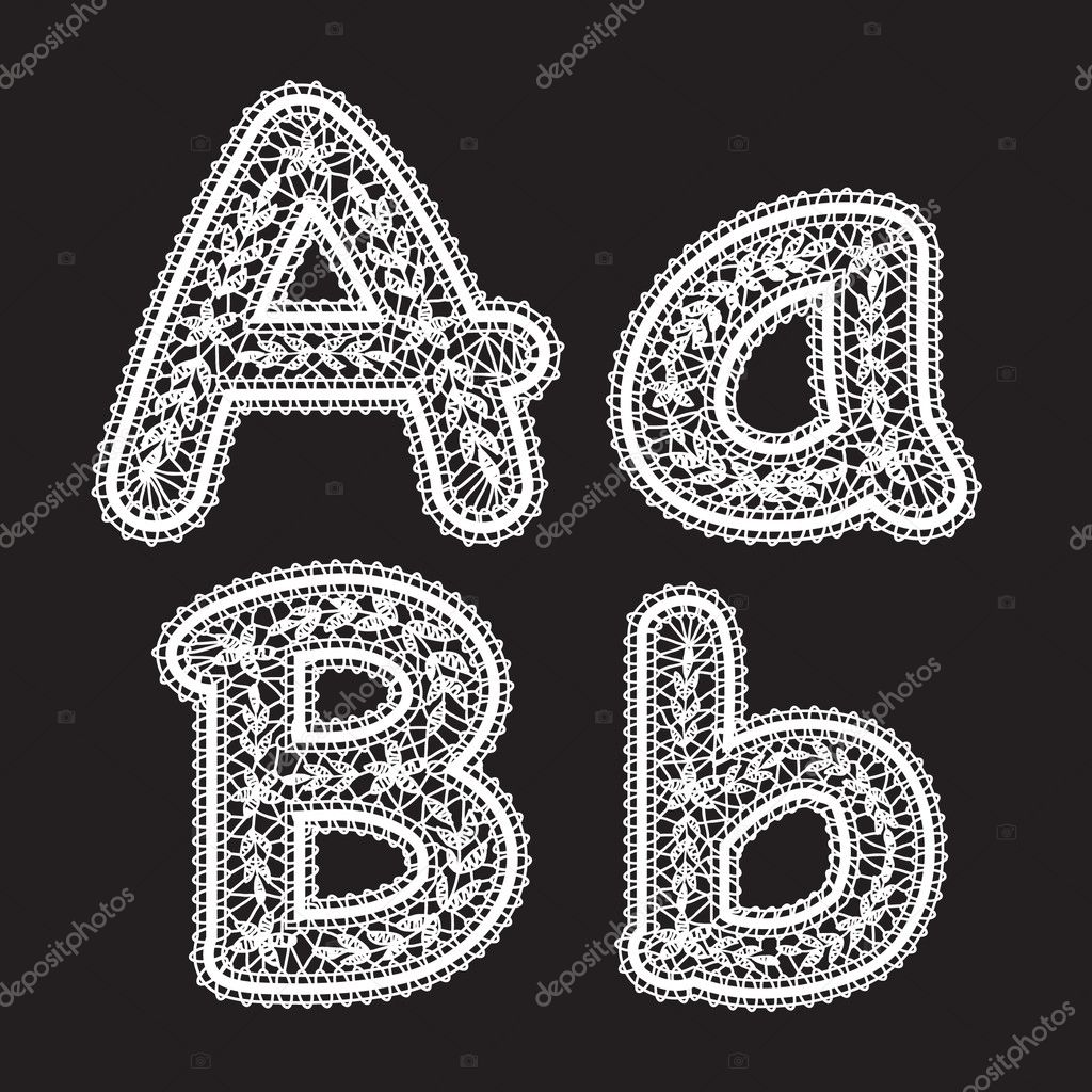 Big and lowercase letters A and B are written in white lace. Lace font for the inscriptions.