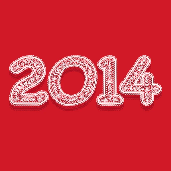 El número "2014" letras blancas de encaje escritas sobre un fondo rojo . — Vector de stock