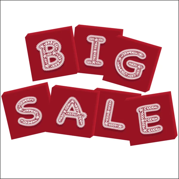 Word "big sale" written by white lace letters on a red background — Stock Vector