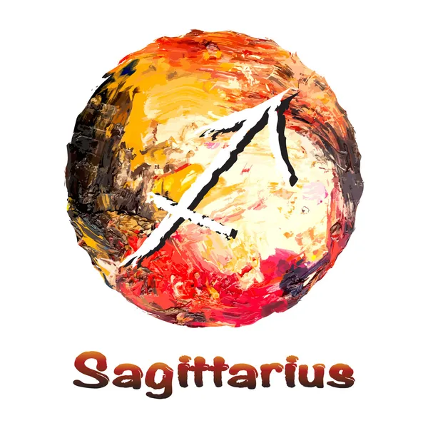 Símbolo do zodíaco Sagitário sobre um fundo multicolorido, pintado com tintas a óleo . — Vetor de Stock