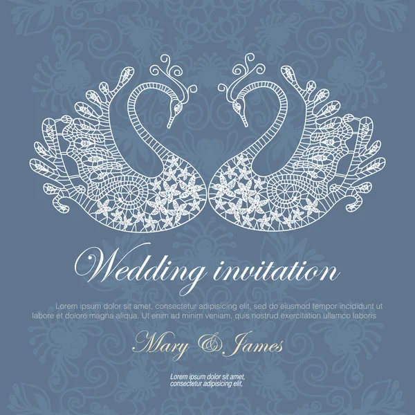 Invitación de boda decorada con cisnes de encaje blanco — Vector de stock