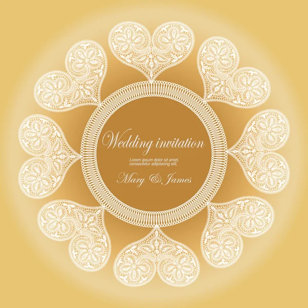 Invitación de boda decorada con corazones de encaje blanco — Vector de stock