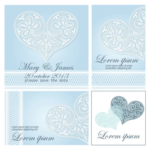 Invitation de mariage décorée avec des cœurs en dentelle blanche — Image vectorielle