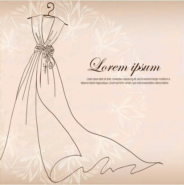 Invitación decorada con vestido de novia en una percha sobre fondo vintage — Vector de stock