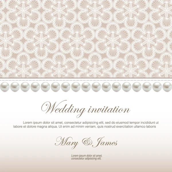 Προσκλητήριο γάμου διακοσμημένα με λευκά, δαντέλες και μαργαριτάρια — Διανυσματικό Αρχείο