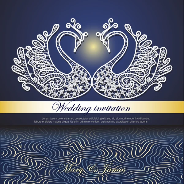 Bruiloft uitnodiging versierd met witte kant zwanen en abstract golven in kleuren van de nacht — Stockvector