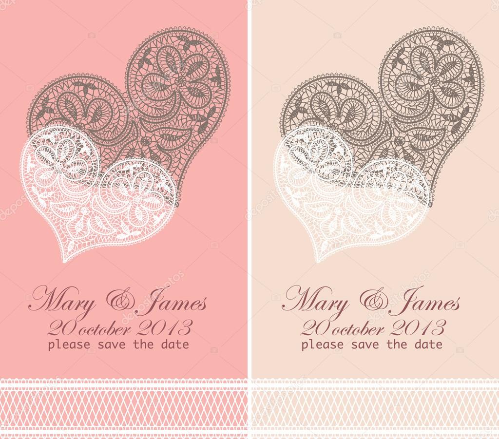 Wedding invitation decorated with white lace hearts