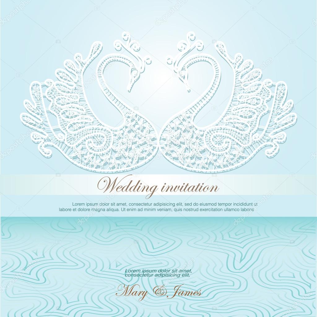 Wedding invitation decorated with white lace swans and abstract waves in sea colors