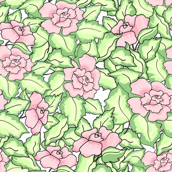 Patrón sin costuras de rosas con hojas verdes y flores rosadas — Vector de stock