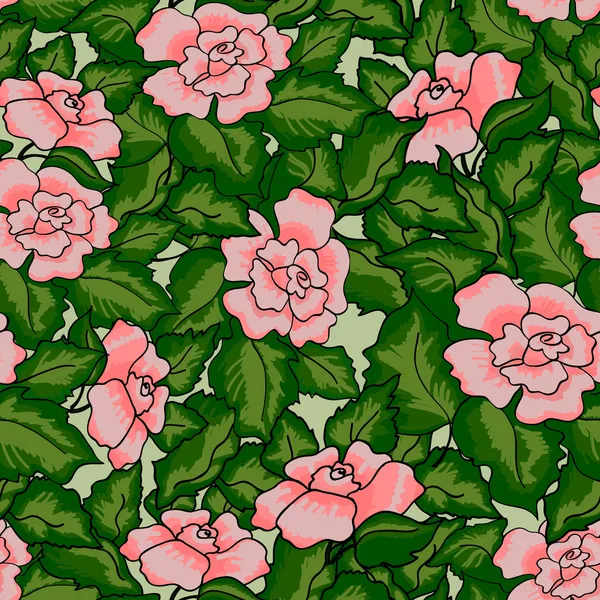 Patrón sin costuras de rosas con hojas verdes y flores rosadas — Archivo Imágenes Vectoriales