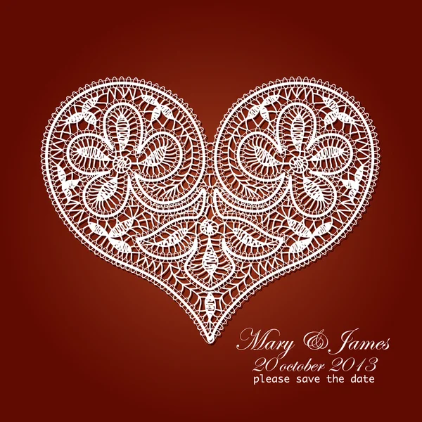Приглашение на свадьбу украшено белым кружевом сердца — стоковый вектор