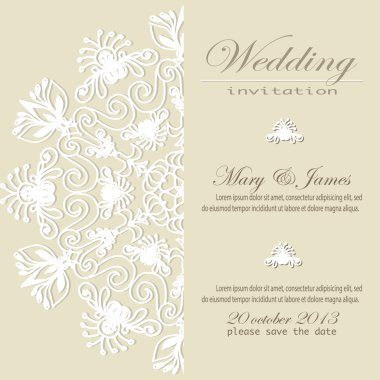 düğün davetiyesi. altın arka plan üzerinde beyaz dantel çiçek desenli.