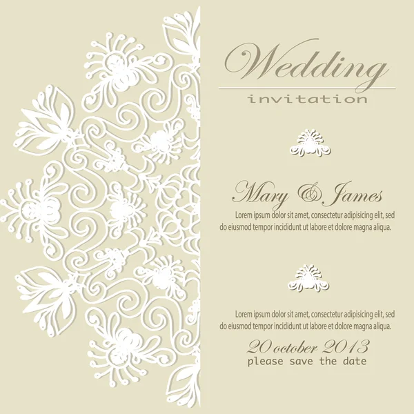 Wedding invitation. Lacy white floral pattern on a gold background. — Stock Vector