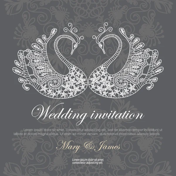 Invitation de mariage décorée de cygnes en dentelle — Image vectorielle