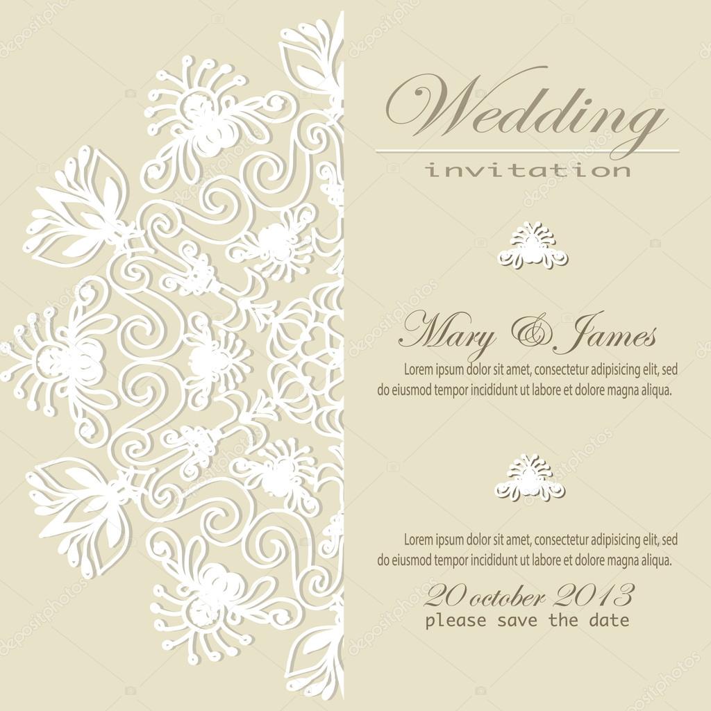 Wedding invitation. Lacy white floral pattern on a gold background.
