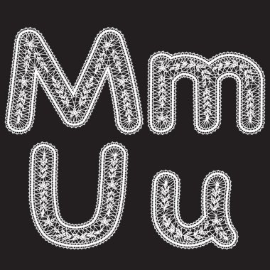 Uppercase and lowercase letters M and U are written by white lace. Lace type font for the inscriptions. clipart