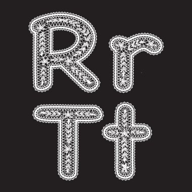Uppercase and lowercase letters R and T are written by white lace. Lace type font for the inscriptions. clipart
