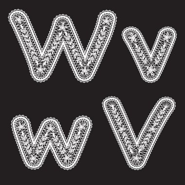 Uppercase and lowercase letters W and V are written by white lace. Lace type font for the inscriptions. clipart