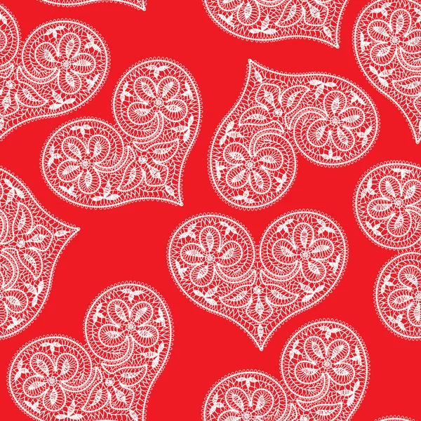 Naadloze patroon van opengewerkte kant witte hart op een rode achtergrond — Stockvector
