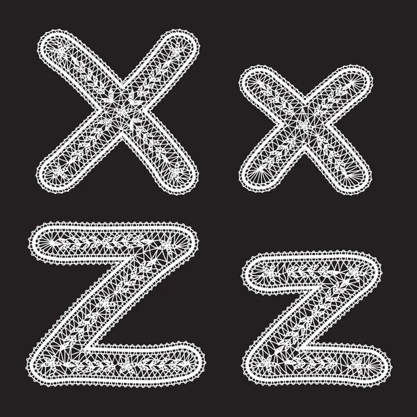 Uppercase and lowercase letters X and Z are written by white lace. Lace type font for the inscriptions. — Stock Vector