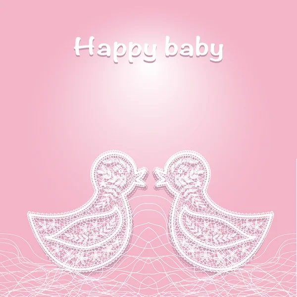 Pink background with white lace chicks congratulation with a newborn — Stock Vector