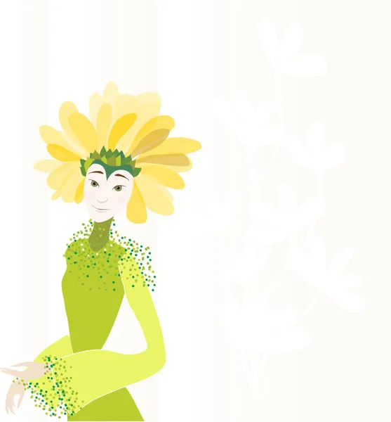Fille dans un bonnet de fleurs sur fond avec motif floral aux couleurs pastel . — Image vectorielle