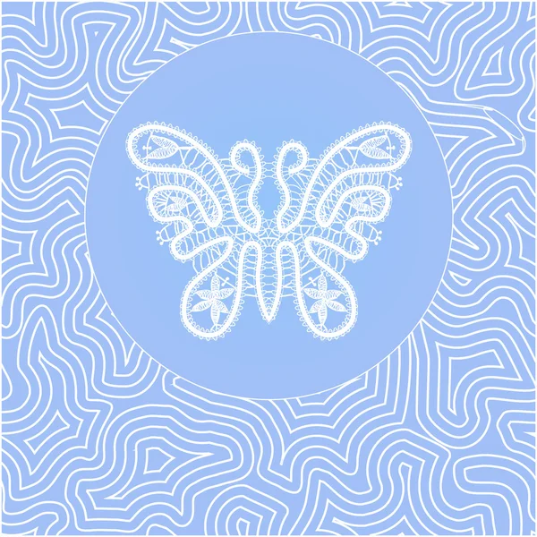 Bílý krajkový motýl v modrém kruhu na modrém pozadí — Stockový vektor