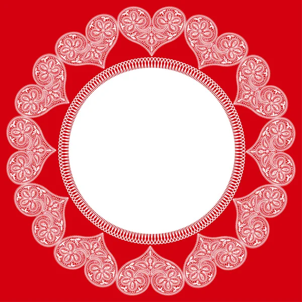 Okrągły wzór koronki białe serca w polu czerwonym na dzień Świętego Walentego — Wektor stockowy