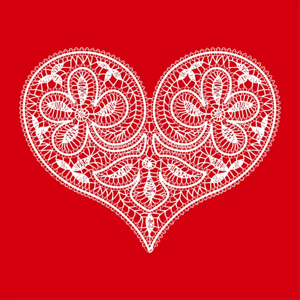 Openwork encaje corazón blanco sobre un fondo rojo para el Día de San Valentín — Vector de stock