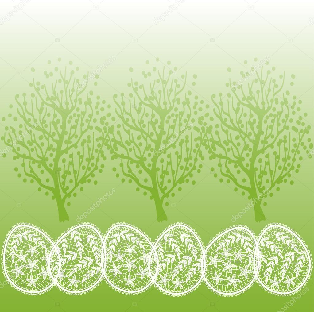 Decorative background with spring trees and Easter eggs with white lace.