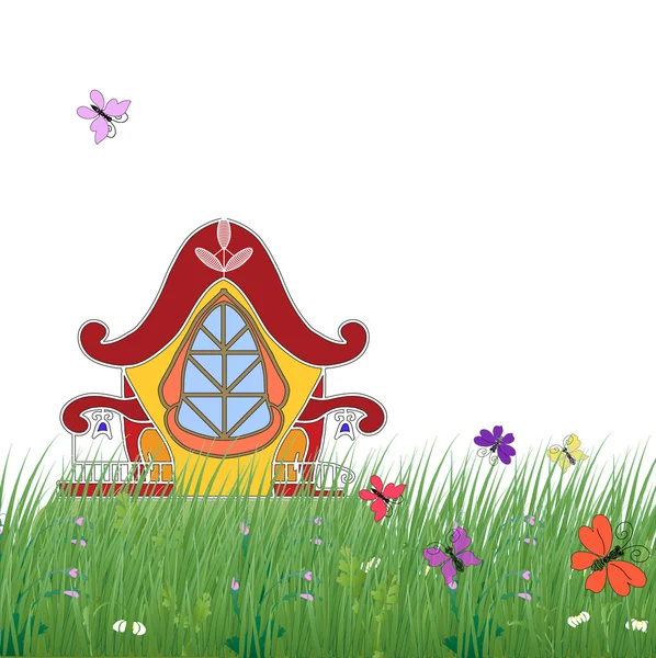 Pohádkový dům na zelené trávě s květinami a motýli na bílém pozadí — Stockový vektor