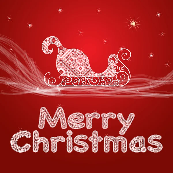 Weihnachtskarte mit Schlitten aus weißer Spitze und Weihnachtsstern in einer Schneewolke auf blauem Hintergrund — Stockvektor